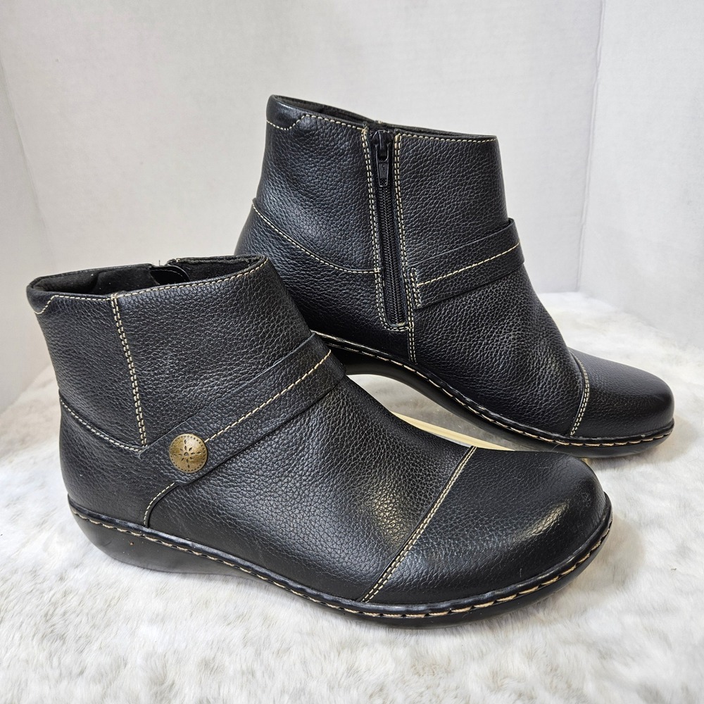 Clarks Black Ashland Pine Leather Ankle Boots 9.5 Wide Comfort Zipper Gorpcore